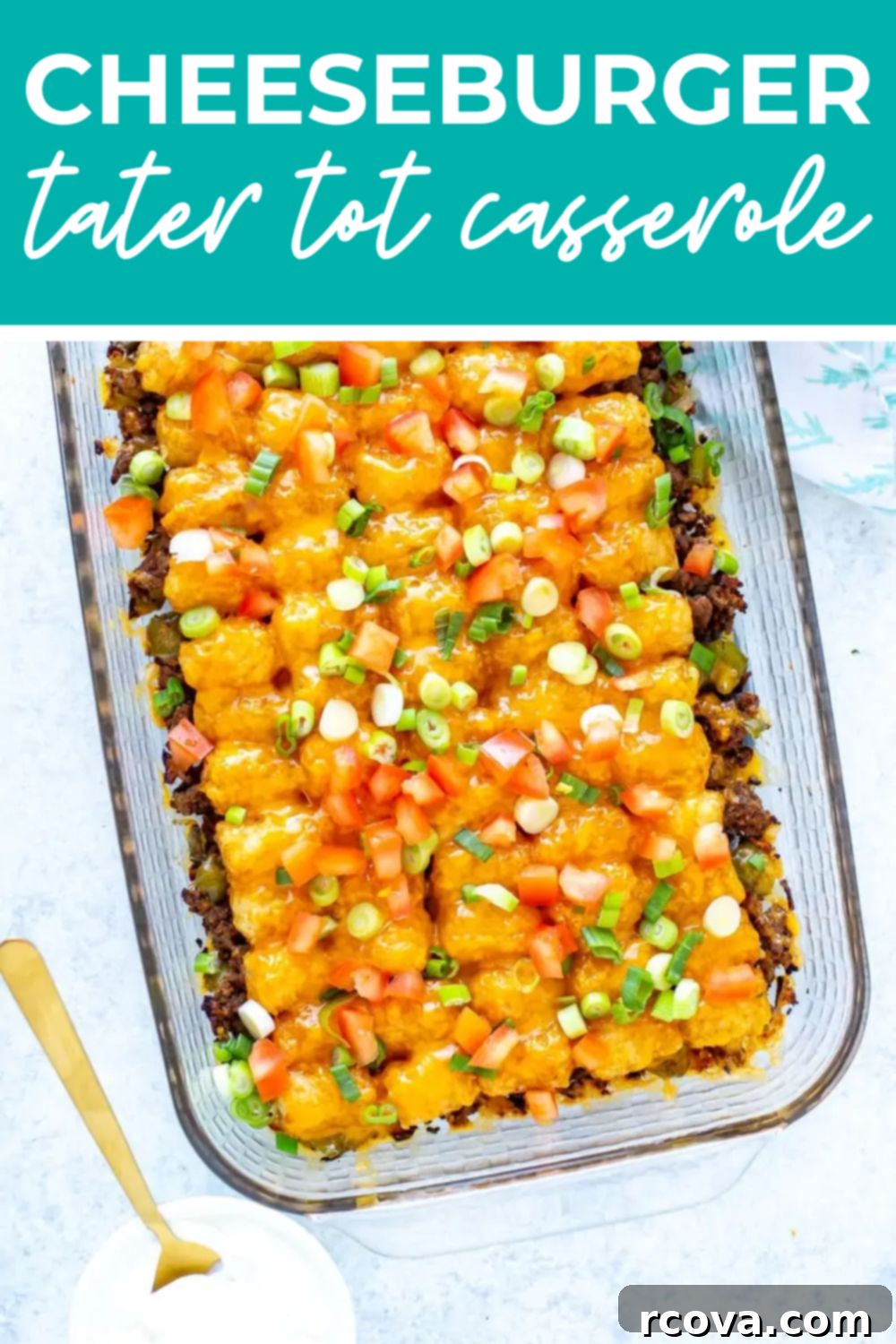 Crispy Tot Cheeseburger Bake 13 A cheeseburger tater tot casserole in a baking dish, presented with fresh toppings, emphasizing its vibrant and delicious qualities.