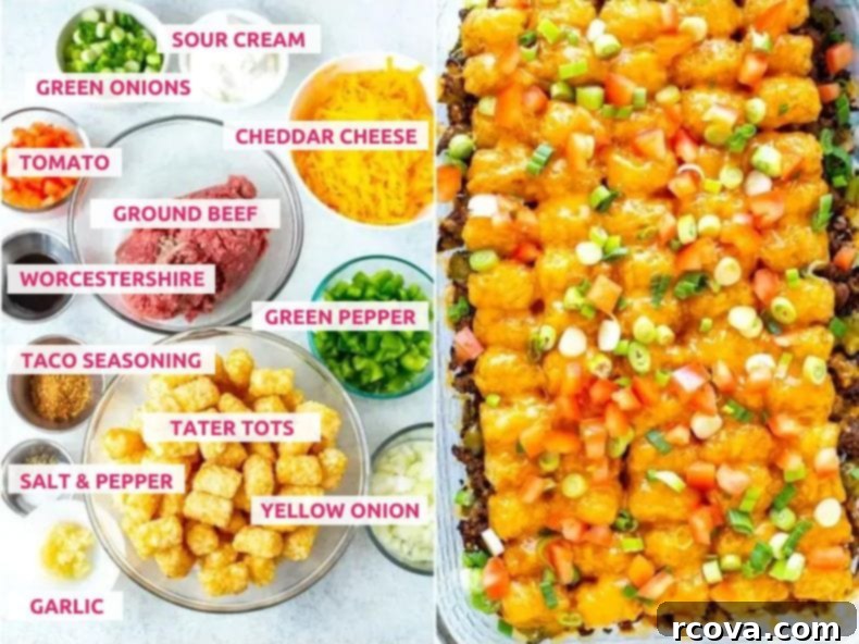 Crispy Tot Cheeseburger Bake 4 A vibrant display of fresh and prepared ingredients for making the cheeseburger tater tot casserole, including sour cream, green onions, tomato, shredded cheddar cheese, raw ground beef, Worcestershire sauce, green bell pepper, taco seasoning, frozen tater tots, salt & pepper, yellow onion, and garlic cloves.
