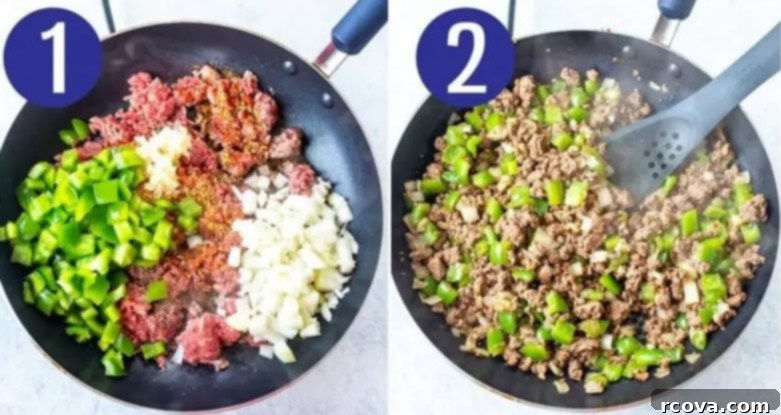 Crispy Tot Cheeseburger Bake 5 Visual guide for steps 1 and 2 of making cheeseburger tater tot casserole: Sautéing the beef and vegetables in a skillet.