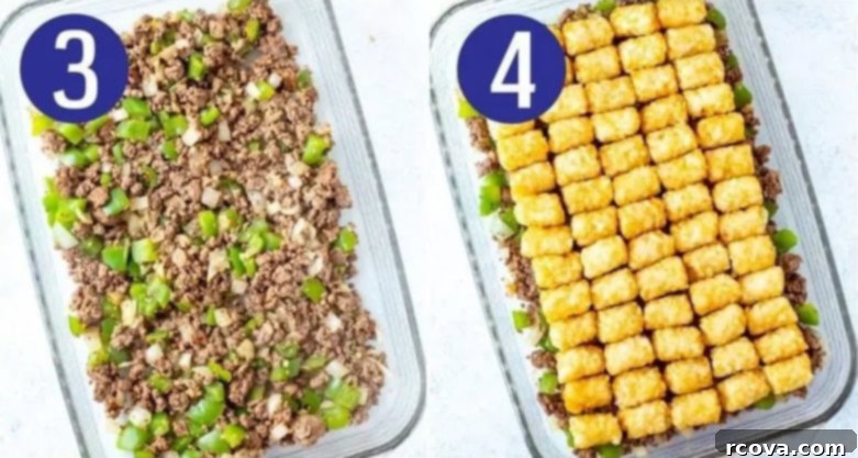 Crispy Tot Cheeseburger Bake 6 Visual guide for steps 3 and 4 of making cheeseburger tater tot casserole: Spreading the beef mixture into a baking dish and topping it with frozen tater tots.