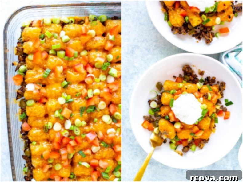 Crispy Tot Cheeseburger Bake 9 A delicious cheeseburger tater tot casserole, freshly baked and served on a plate with a dollop of sour cream on top, alongside a full casserole dish.