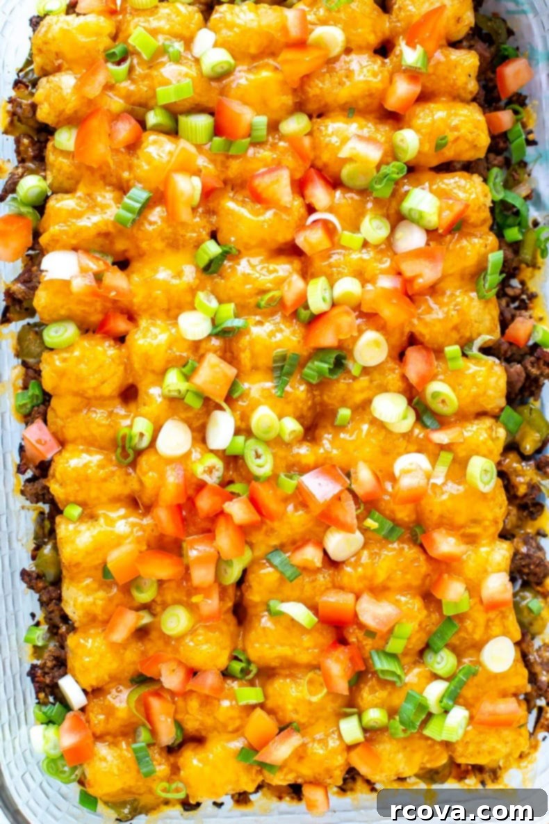 Crispy Tot Cheeseburger Bake 10 A close-up view of the golden-brown and cheesy Cheeseburger Tater Tot Casserole, freshly baked in a 9x13 inch dish.
