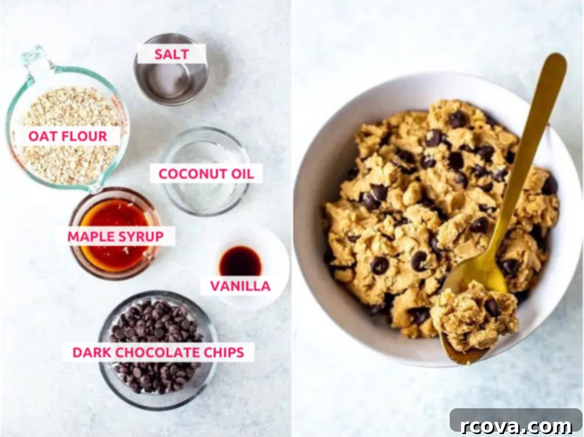 Guilt-Free Raw Cookie Dough 4 Ingredients laid out for healthy edible cookie dough: oat flour, salt, maple syrup, coconut oil, dark chocolate chips, and vanilla extract.