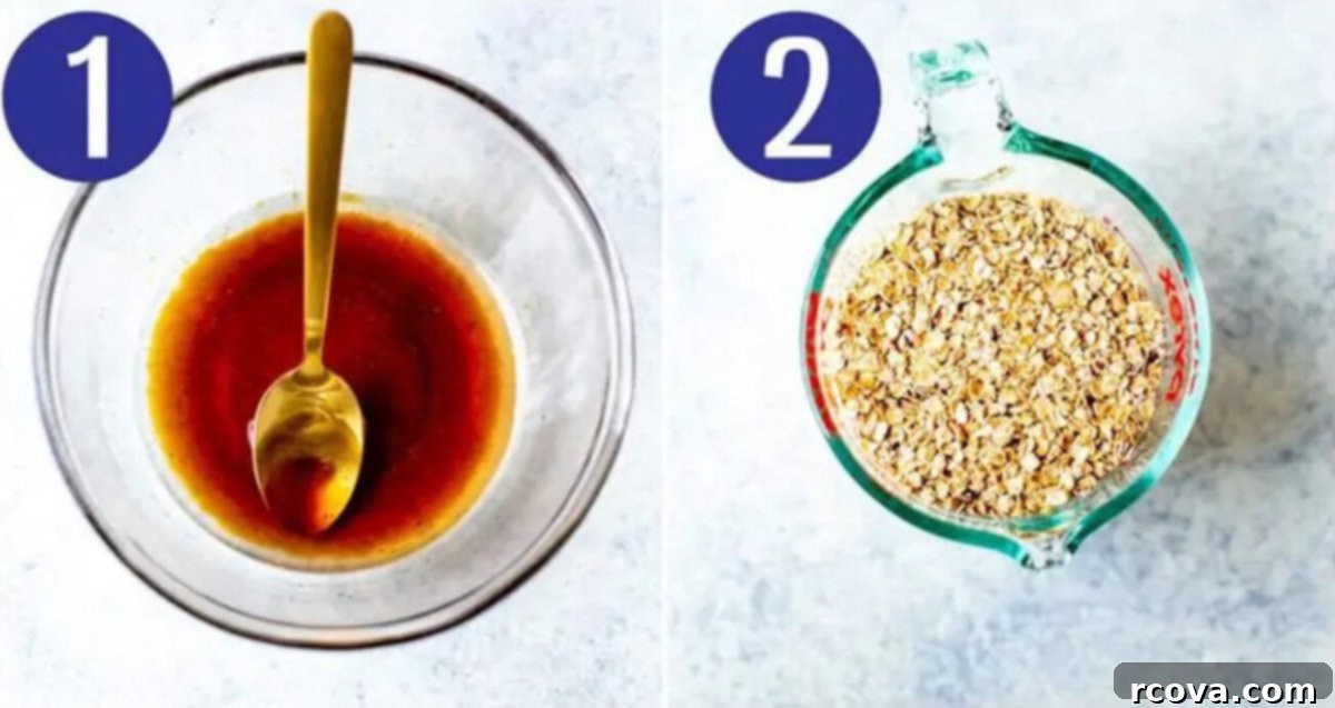 Guilt-Free Raw Cookie Dough 5 Steps 1 and 2 for making healthy edible cookie dough: Mixing wet ingredients and blending rolled oats into oat flour.