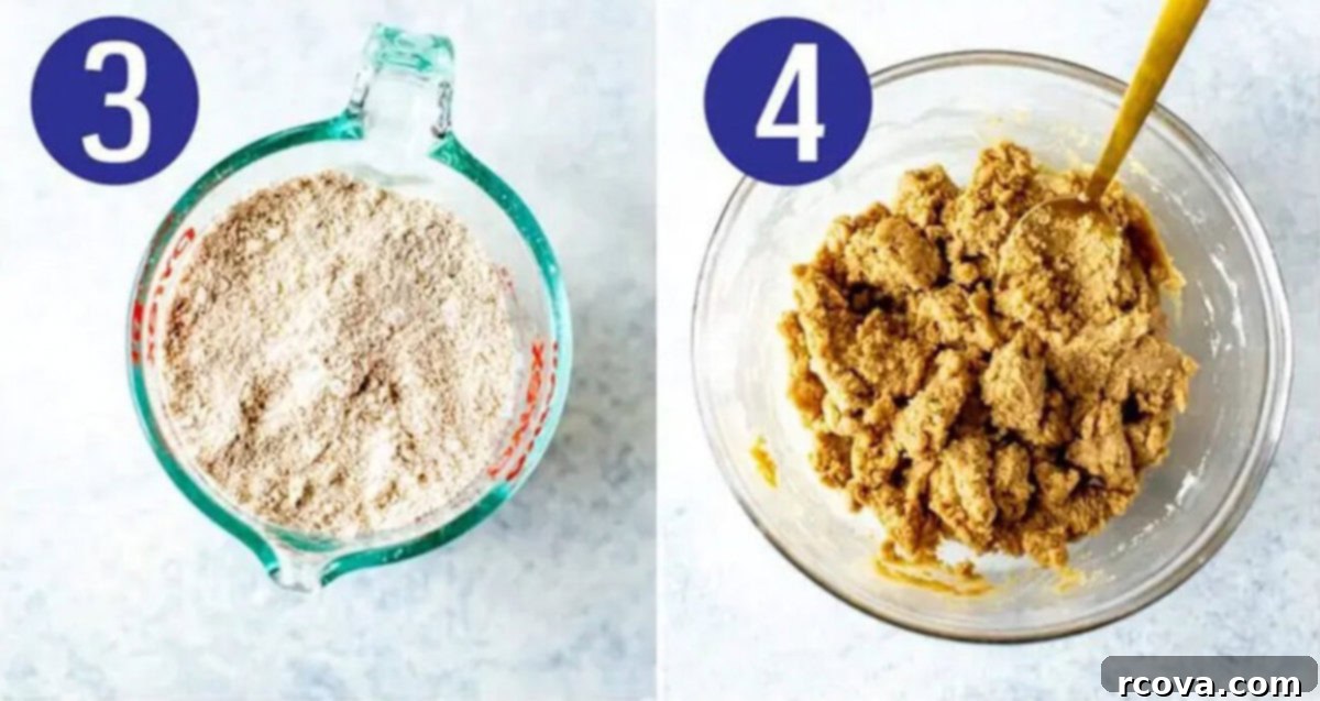 Guilt-Free Raw Cookie Dough 6 Steps 3 and 4 for making healthy edible cookie dough: Combining flour with wet ingredients to form dough, then chilling the dough.