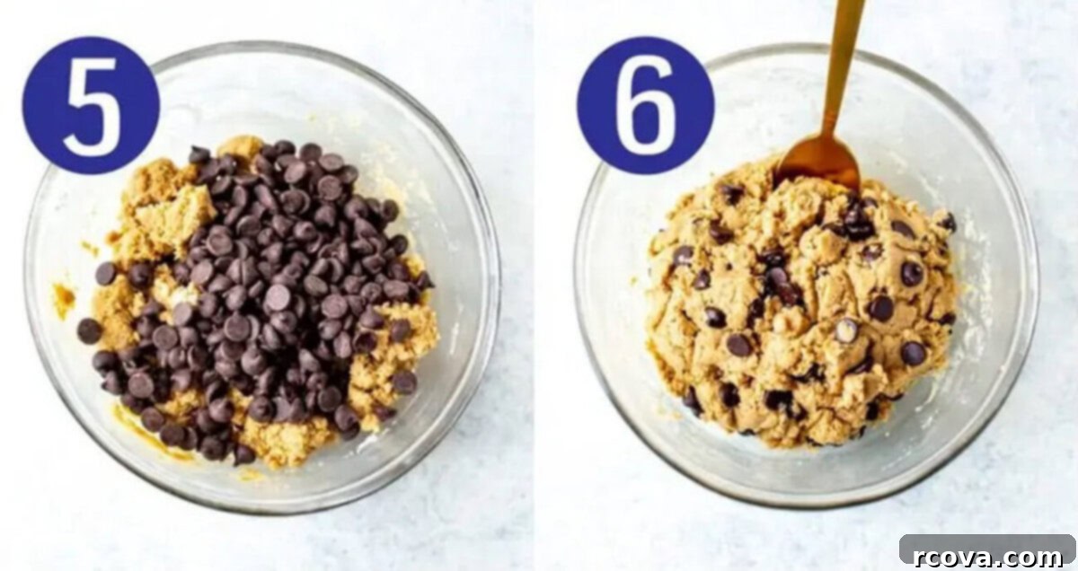 Guilt-Free Raw Cookie Dough 7 Steps 5 and 6 for making healthy edible cookie dough: Adding chocolate chips and other mix-ins, then rolling the dough into balls for serving.