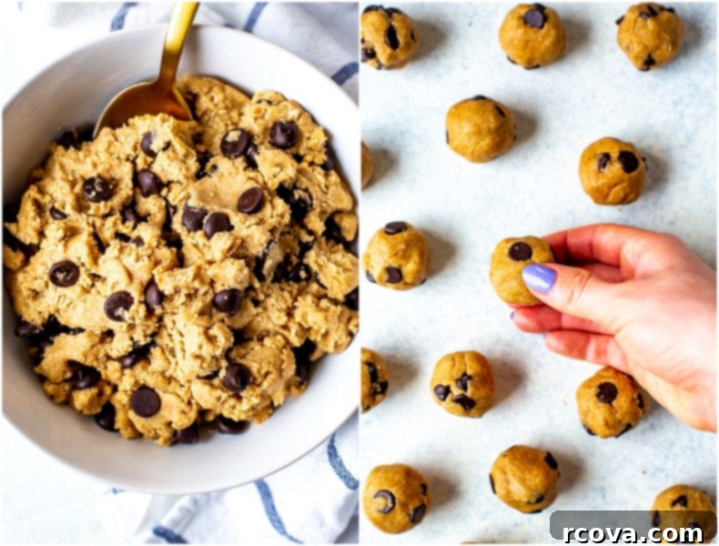 Guilt-Free Raw Cookie Dough 9 Close-up of a bowl of healthy edible cookie dough with chocolate chips.