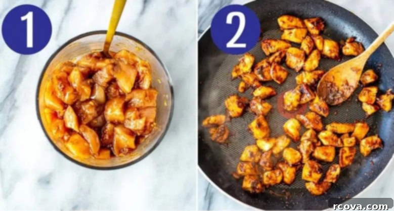 Ultimate Hibachi Chicken 5 Steps 1 and 2 for making hibachi chicken: Marinating and cooking chicken