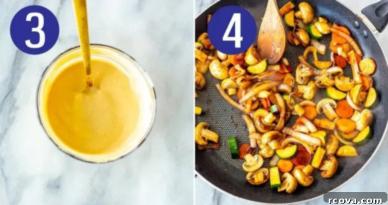 Ultimate Hibachi Chicken 6 Steps 3 and 4 for making hibachi chicken: Preparing mustard sauce and sautéing vegetables