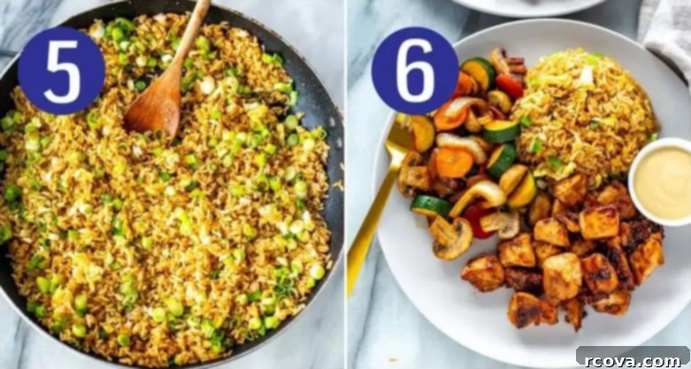 Ultimate Hibachi Chicken 7 Steps 5 and 6 for making hibachi chicken: Cooking fried rice and assembling the dish