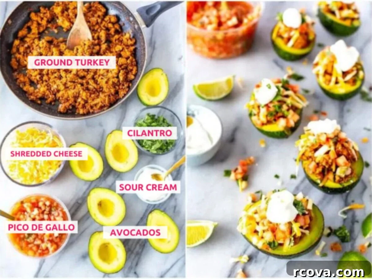 Avocado Taco Boats 4 Ingredients for low carb taco stuffed avocados including ground turkey taco meat, shredded cheese, homemade pico de gallo, fresh avocados, sour cream and vibrant cilantro.