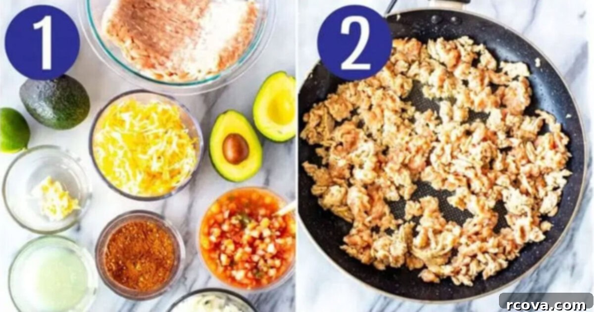 Avocado Taco Boats 5 Steps 1 and 2 for making taco stuffed avocados: Prep all ingredients and then brown the ground turkey in a skillet.
