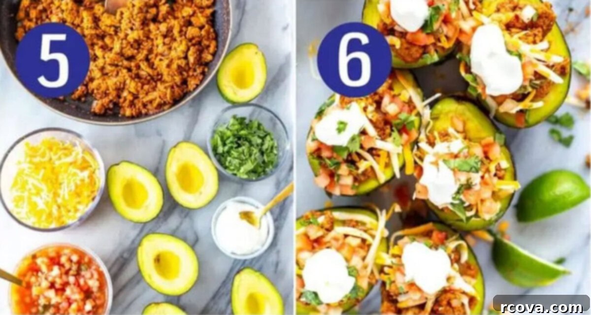 Avocado Taco Boats 7 Steps 5 and 6 for making taco stuffed avocados: Prepare all your desired toppings and then proceed to stuff your avocado halves generously.