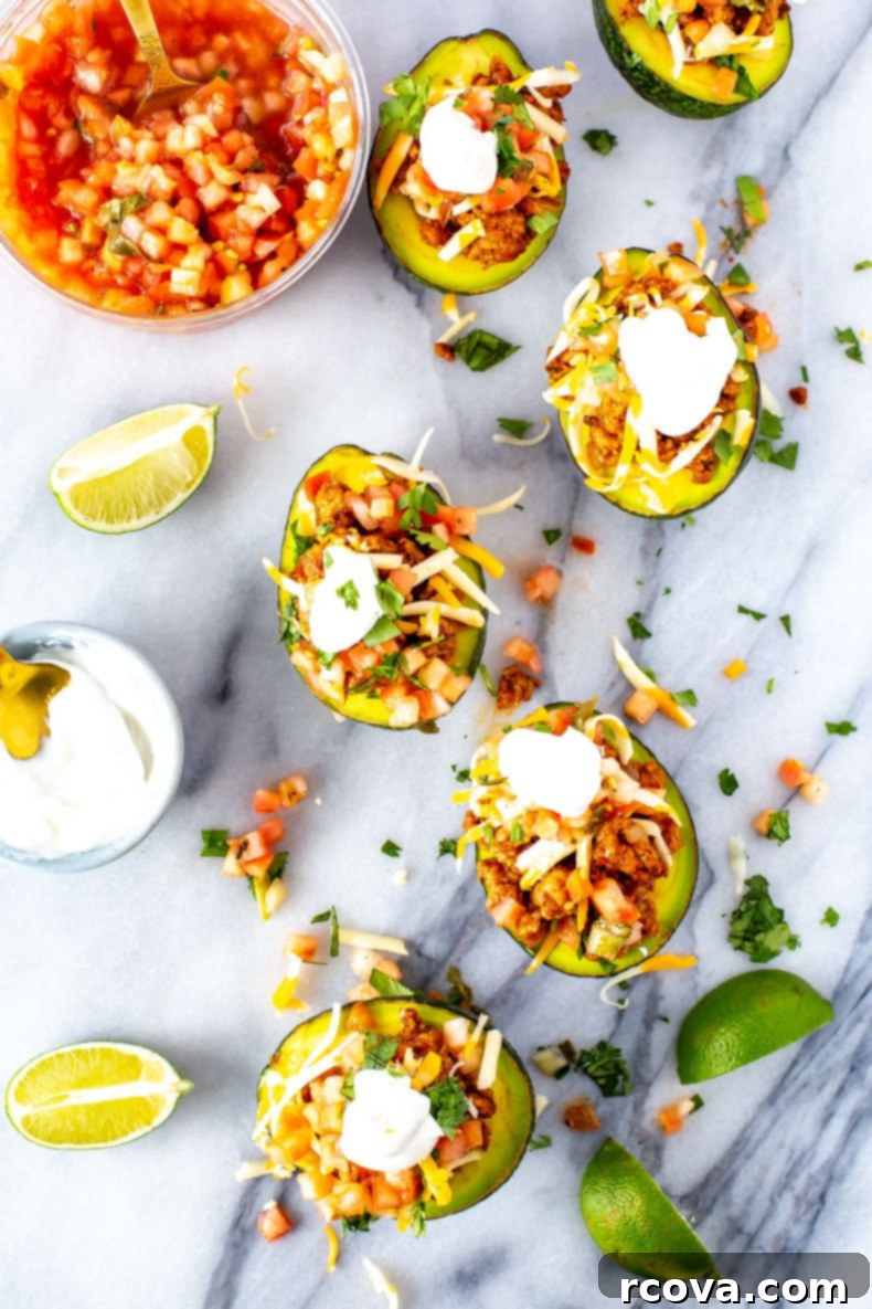 Avocado Taco Boats 8 Beautifully garnished Low Carb Taco Stuffed Avocados ready to be enjoyed.