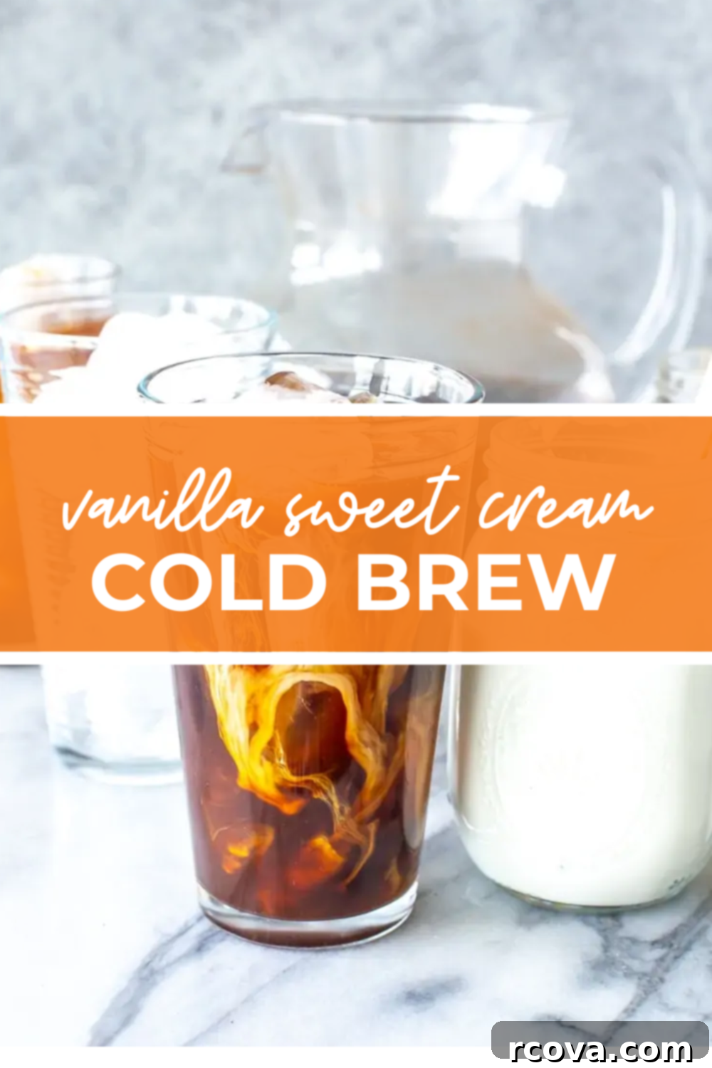 Starbucks Copycat Vanilla Sweet Cream Cold Brew 12 Overhead shot of a delicious vanilla sweet cream cold brew in a glass with ice, an orange banner in the middle reads "Vanilla Sweet Cream Cold Brew"