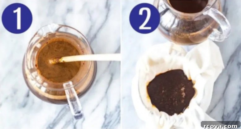 Starbucks Copycat Vanilla Sweet Cream Cold Brew 5 Steps 1 and 2 for making vanilla sweet cream cold brew: mixing and straining