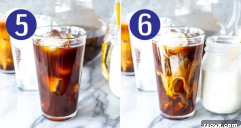 Starbucks Copycat Vanilla Sweet Cream Cold Brew 7 Steps 5 and 6 for making vanilla sweet cream cold brew: assembling and serving