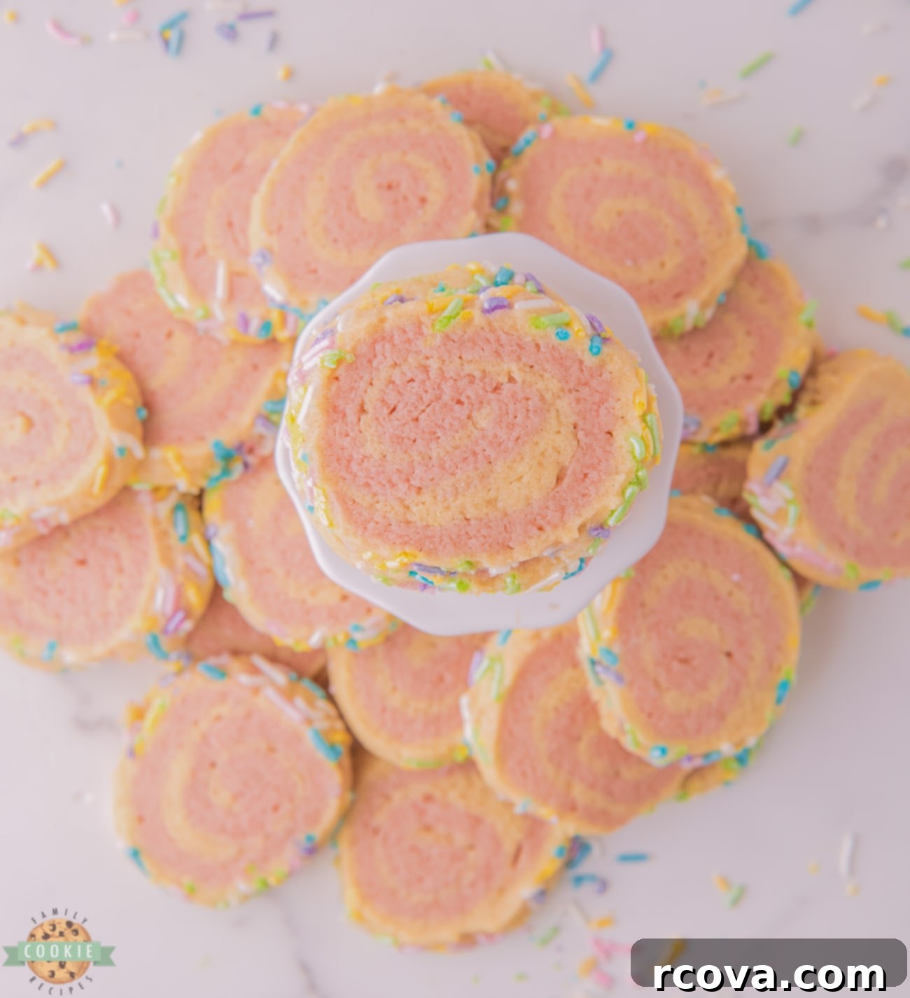Timeless Pink Swirl Delights 5 pile of pink pinwheel cookies