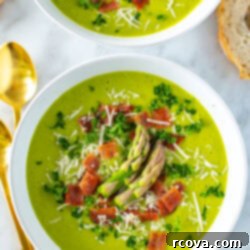 Simple Creamy Asparagus Soup 11 A beautifully presented bowl of creamy asparagus soup, garnished to perfection.