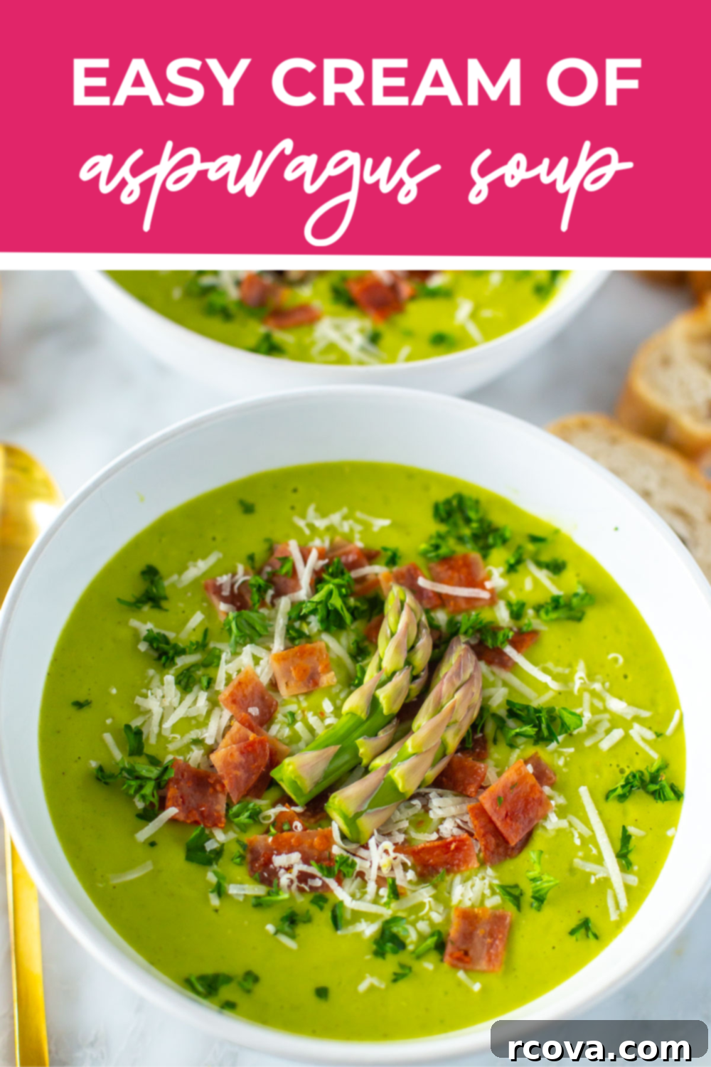 Simple Creamy Asparagus Soup 12 Overhead shot of plated dish with pink banner on the top - reading "easy cream of asparagus soup"
