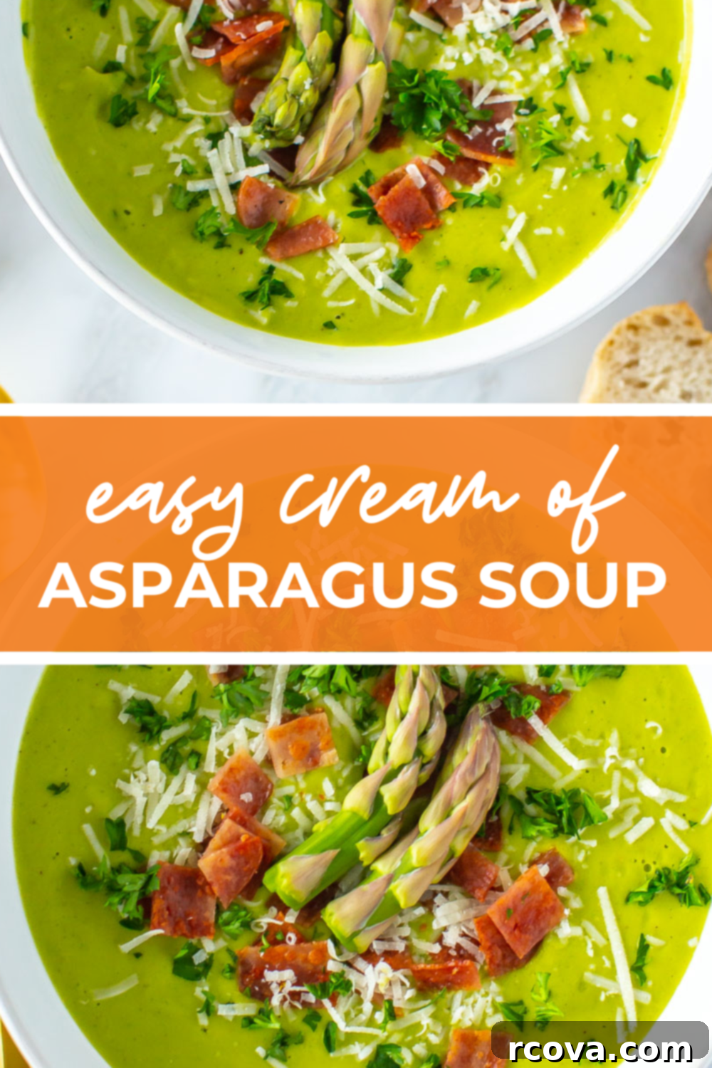 Simple Creamy Asparagus Soup 13 Overhead shot of plated dish with orange banner in the middle - reading "easy cream of asparagus soup"
