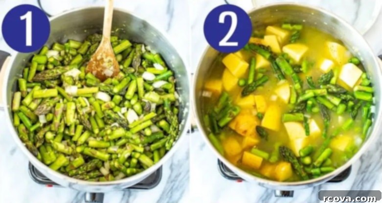 Simple Creamy Asparagus Soup 5 Visual steps 1 and 2 for making cream of asparagus soup, showing sautéing and adding broth.