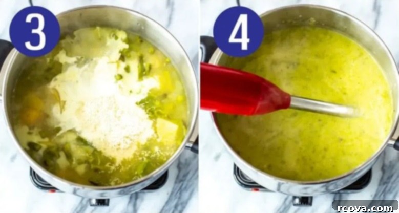 Simple Creamy Asparagus Soup 6 Visual steps 3 and 4 for making cream of asparagus soup, showing stirring in cream and blending.