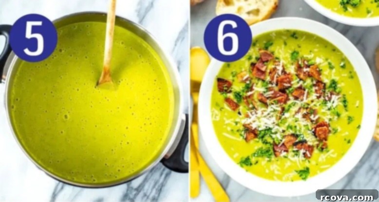 Simple Creamy Asparagus Soup 7 Visual steps 5 and 6 for making cream of asparagus soup, showing rewarming and serving.