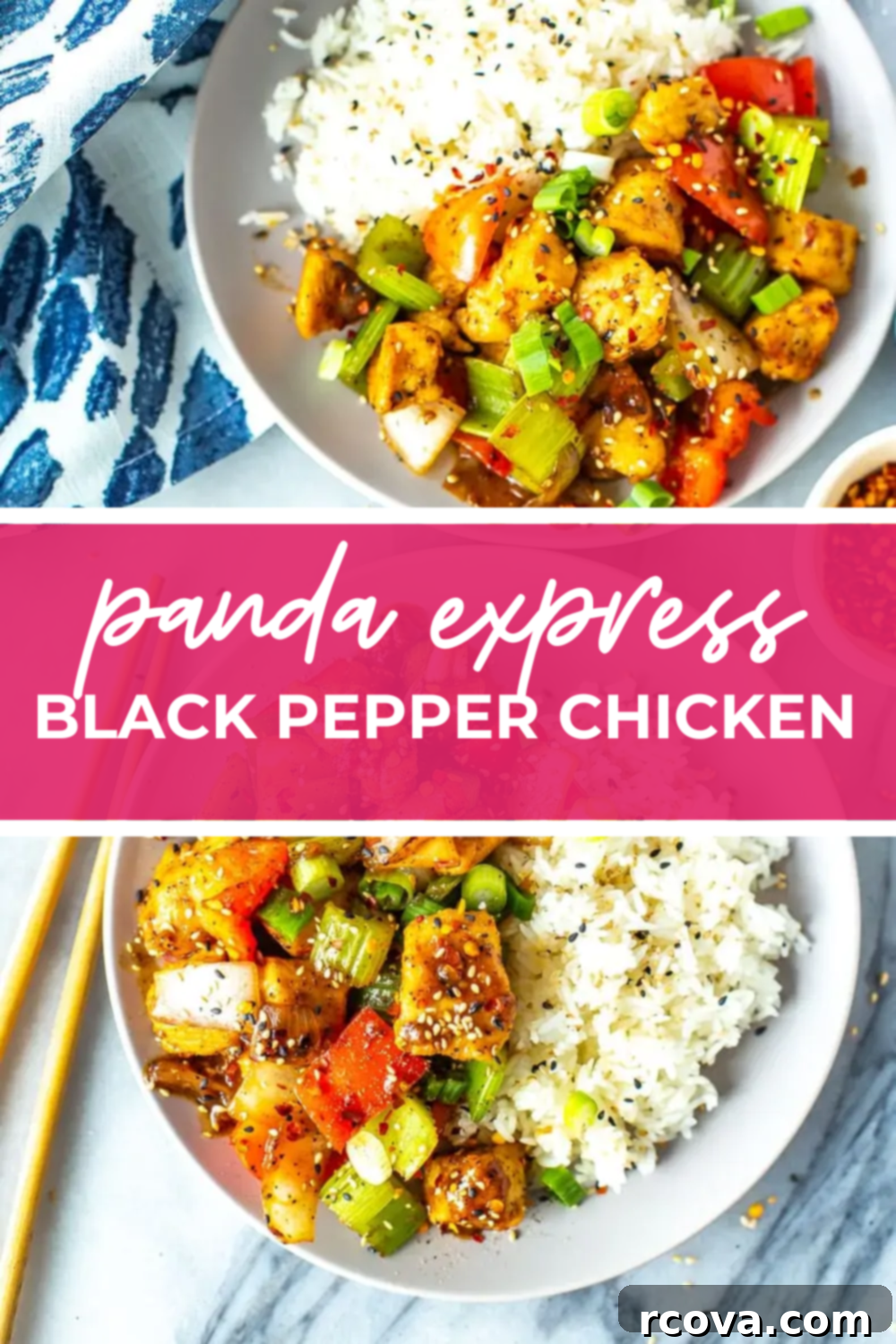 Panda Express Robust Black Pepper Chicken 13 overhead shot of plated dish with pink banner in the middle - reading "panda express black pepper chicken"