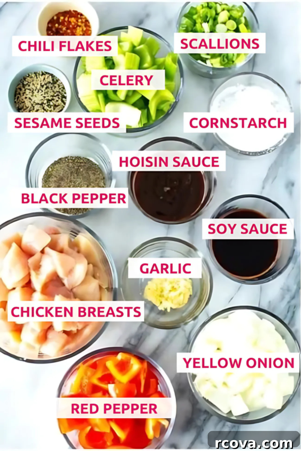 Panda Express Robust Black Pepper Chicken 4 Overhead shot of the ingredients with labels for panda express black pepper chicken