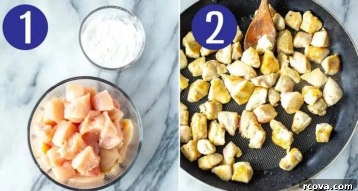Panda Express Robust Black Pepper Chicken 5 Steps 1 and 2 for making Panda Express black pepper chicken: Season/coat chicken then brown it.