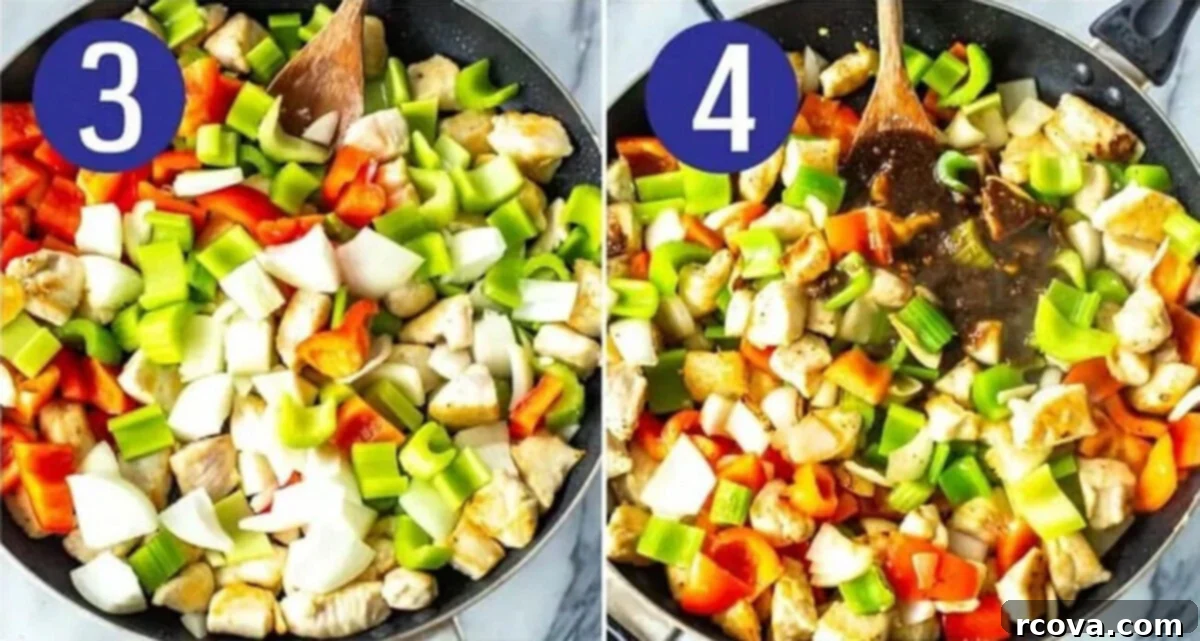 Panda Express Robust Black Pepper Chicken 6 Steps 3 and 4 for making Panda Express black pepper chicken: Saute veggies then add sauce.