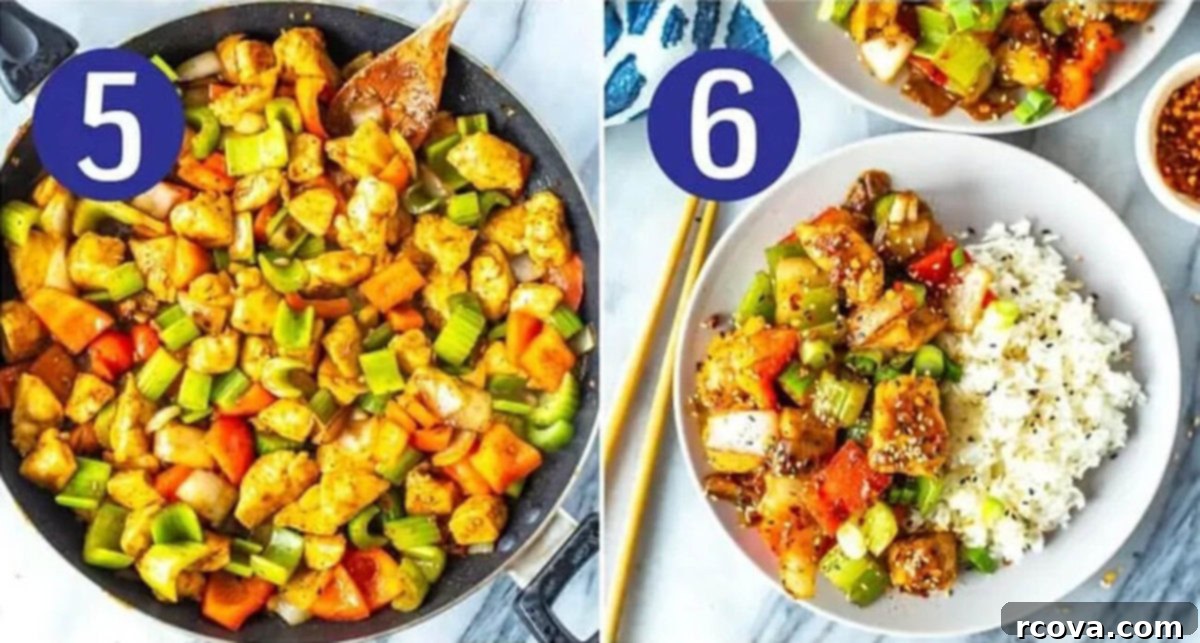 Panda Express Robust Black Pepper Chicken 7 Steps 5 and 6 for making Panda Express black pepper chicken: Stir to combine the serve and enjoy!