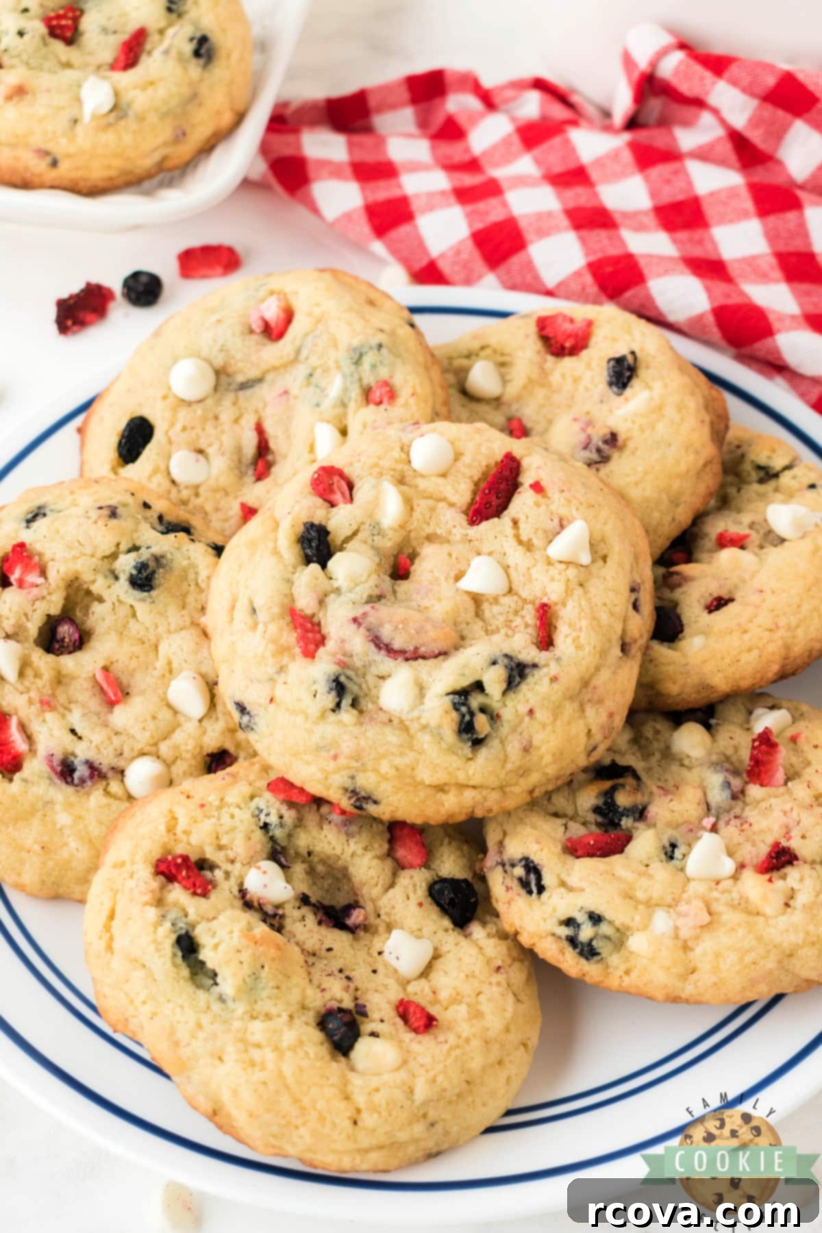Stars and Stripes Cream Cheese Cookies 2 Soft, chewy, and perfectly patriotic Red, White & Blue Cream Cheese Cookies, ideal for the 4th of July, made with natural freeze-dried blueberries and strawberries for vibrant color and delicious flavor.