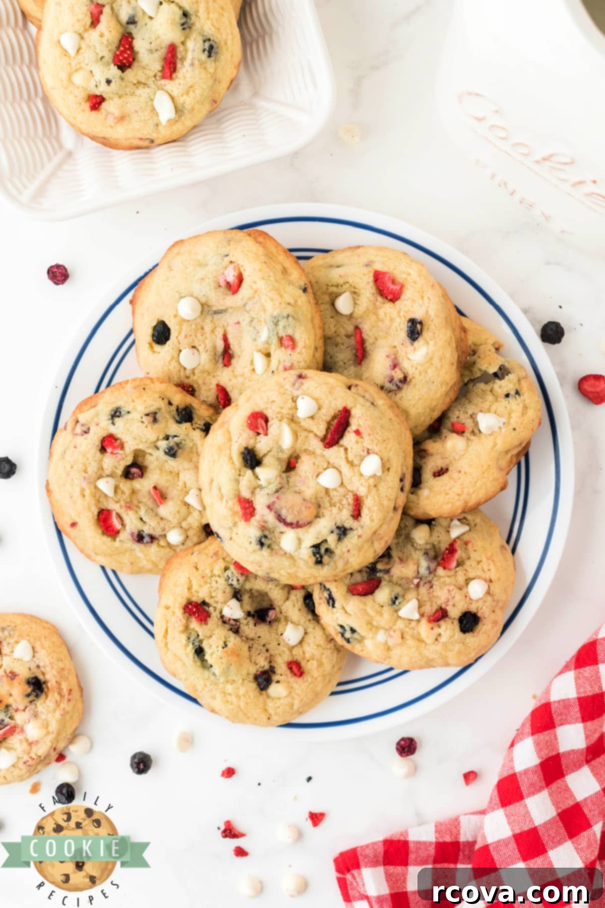 Stars and Stripes Cream Cheese Cookies 7 A festive platter of Red, White & Blue Cream Cheese Cookies, perfect for 4th of July or Memorial Day celebrations.