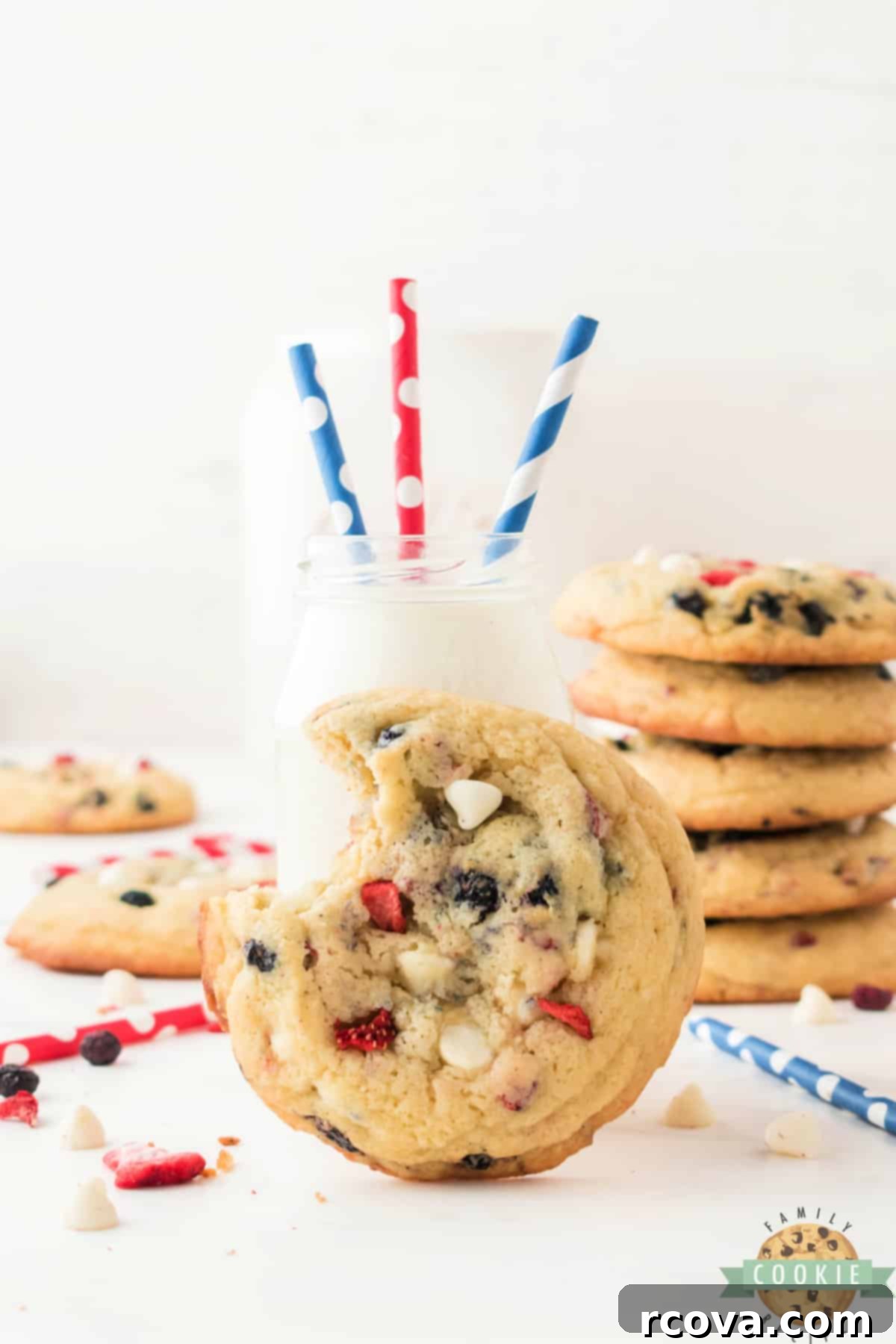 Stars and Stripes Cream Cheese Cookies 8 Red, White & Blue Cream Cheese Cookies on a plate, a perfect patriotic dessert for the 4th of July.