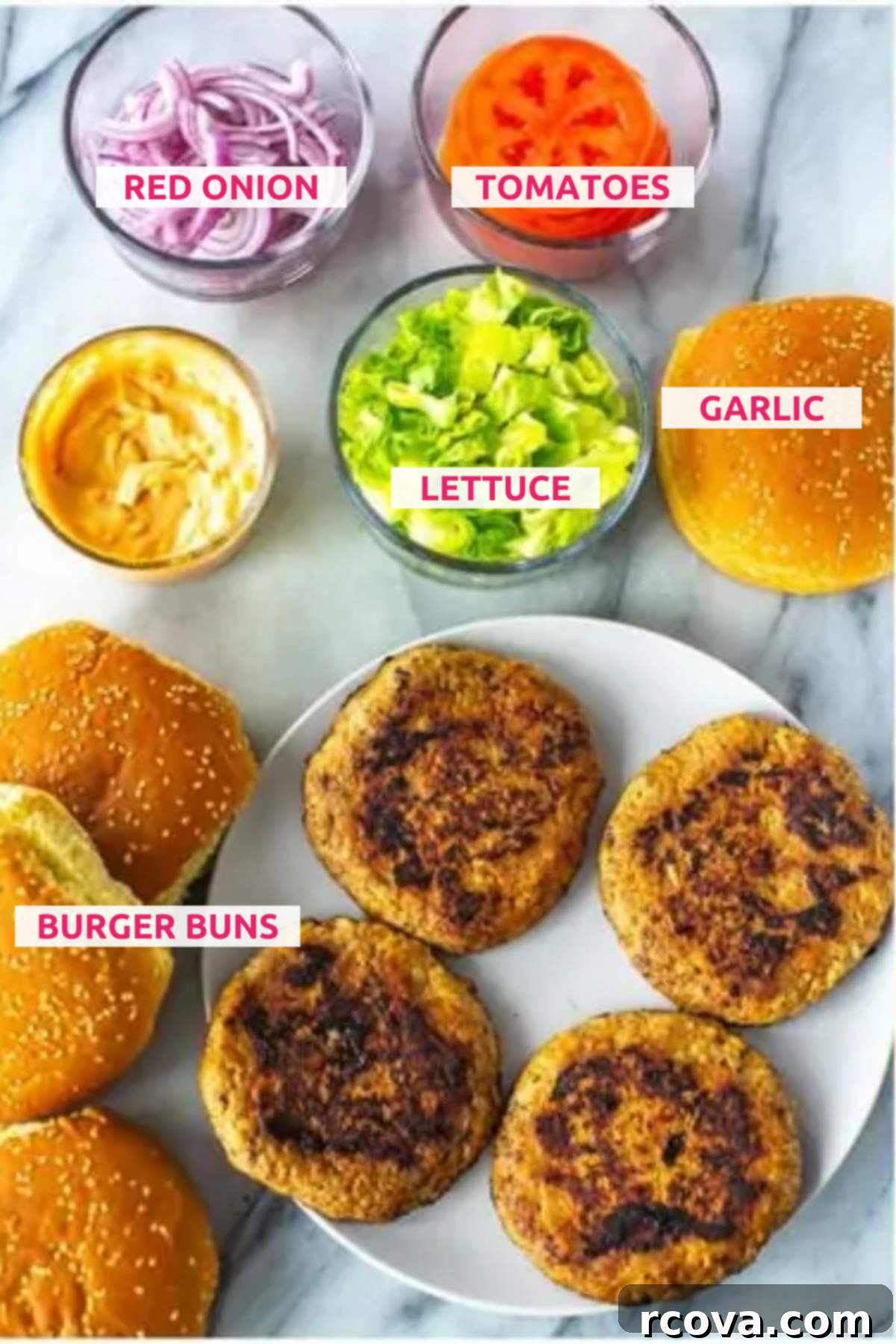 Succulent Turkey Burgers The Ultimate Recipe 5 Overhead shot of fresh burger toppings and sauce ingredients including buns, cheese, lettuce, tomato, red onion, pickles, and mayo, ketchup, relish, and mustard.