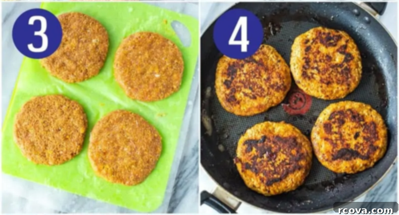 Succulent Turkey Burgers The Ultimate Recipe 7 Two images: one showing a hand forming a turkey burger patty, and another showing patties cooking in a skillet.