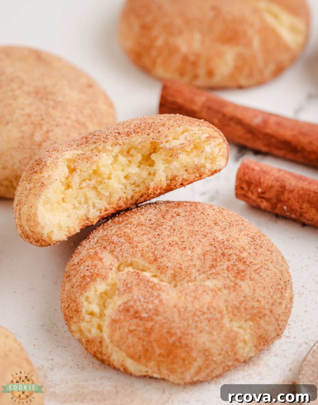 Effortless Cake Mix Snickerdoodles 3 Close-up of soft and chewy cake mix snickerdoodle cookies, coated in cinnamon sugar, neatly arranged on a white plate, ready for serving.