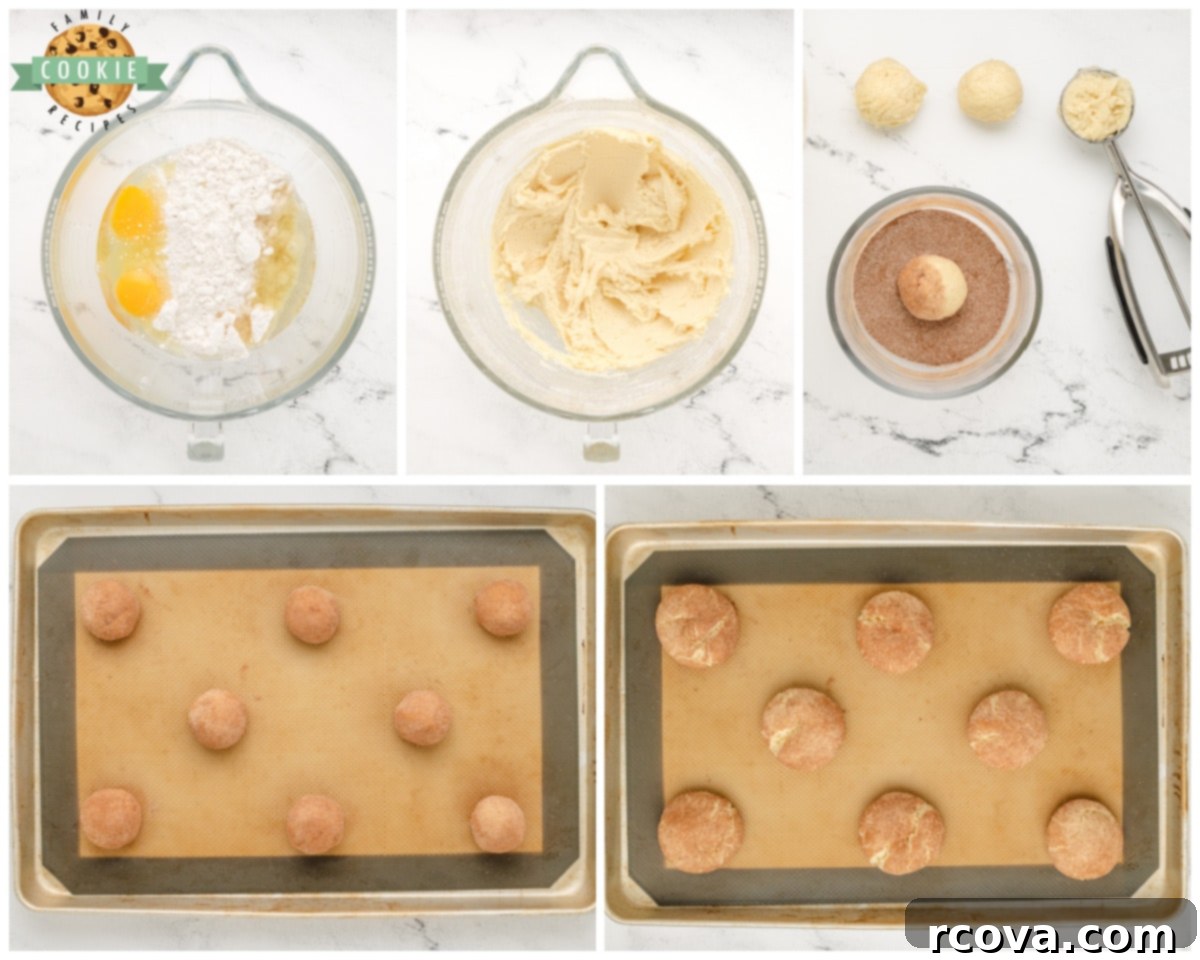 Effortless Cake Mix Snickerdoodles 4 Hands rolling cake mix snickerdoodle cookie dough in a cinnamon sugar mixture before baking, demonstrating the preparation step.