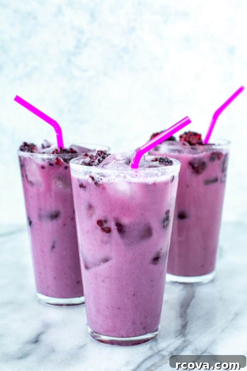 Copycat Starbucks Purple Drink Recipe 2 A tall glass of homemade Starbucks Violet Drink, showing its distinct purple color, ice, and floating blackberries.