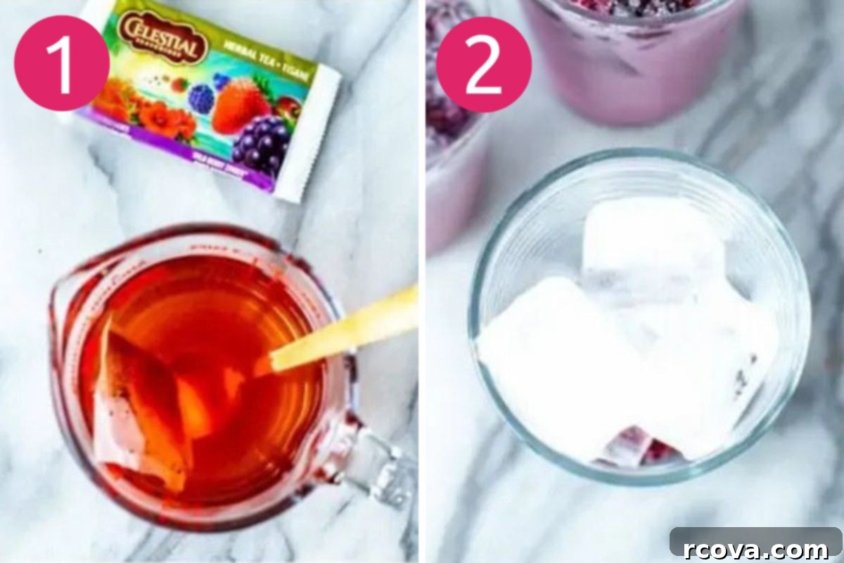 Copycat Starbucks Purple Drink Recipe 5 Two images side by side. The first shows a tea bag steeping in hot water for brewing hibiscus tea. The second shows a glass with freeze-dried blackberries at the bottom, topped with ice cubes.