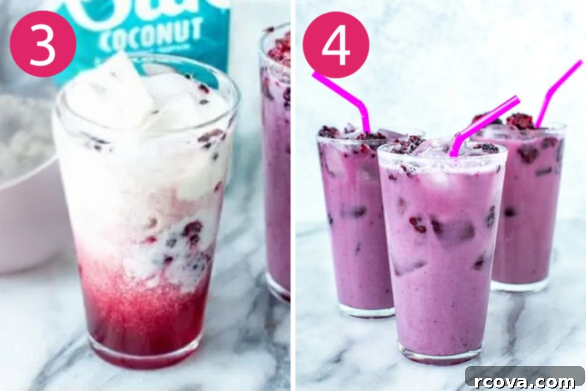 Copycat Starbucks Purple Drink Recipe 6 Two images side by side. The first shows coconut milk being poured into a glass containing ice and blackberries. The second shows berry juice being poured into the same glass, creating distinct layers.