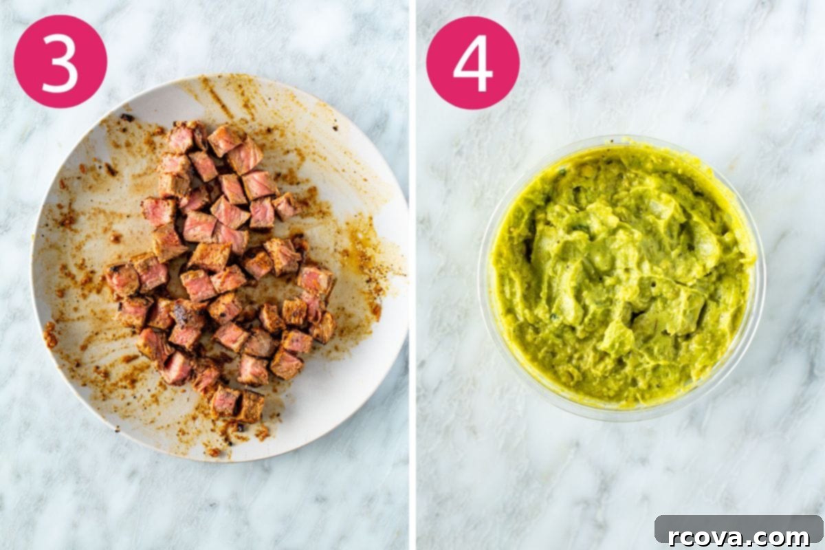 Sizzling Carne Asada Tacos 6 Steps 3 and 4 for making carne asada tacos: showing cooked steak resting on a cutting board and a bowl of freshly made guacamole.