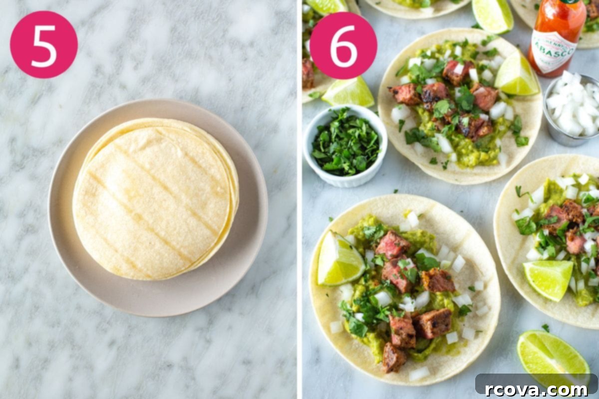 Sizzling Carne Asada Tacos 7 Steps 5 and 6 for making carne asada tacos: showing various taco toppings laid out and a hand assembling a taco.