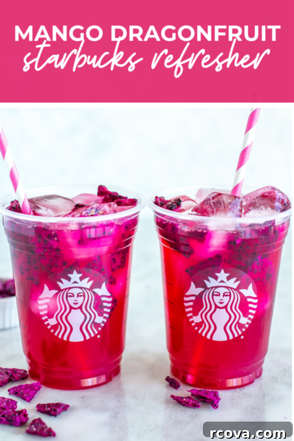 Vibrant Mango Dragonfruit Refresher 11 overhead shot of plated dish with pink banner on the top - reading "mango dragonfruit starbucks refresher"