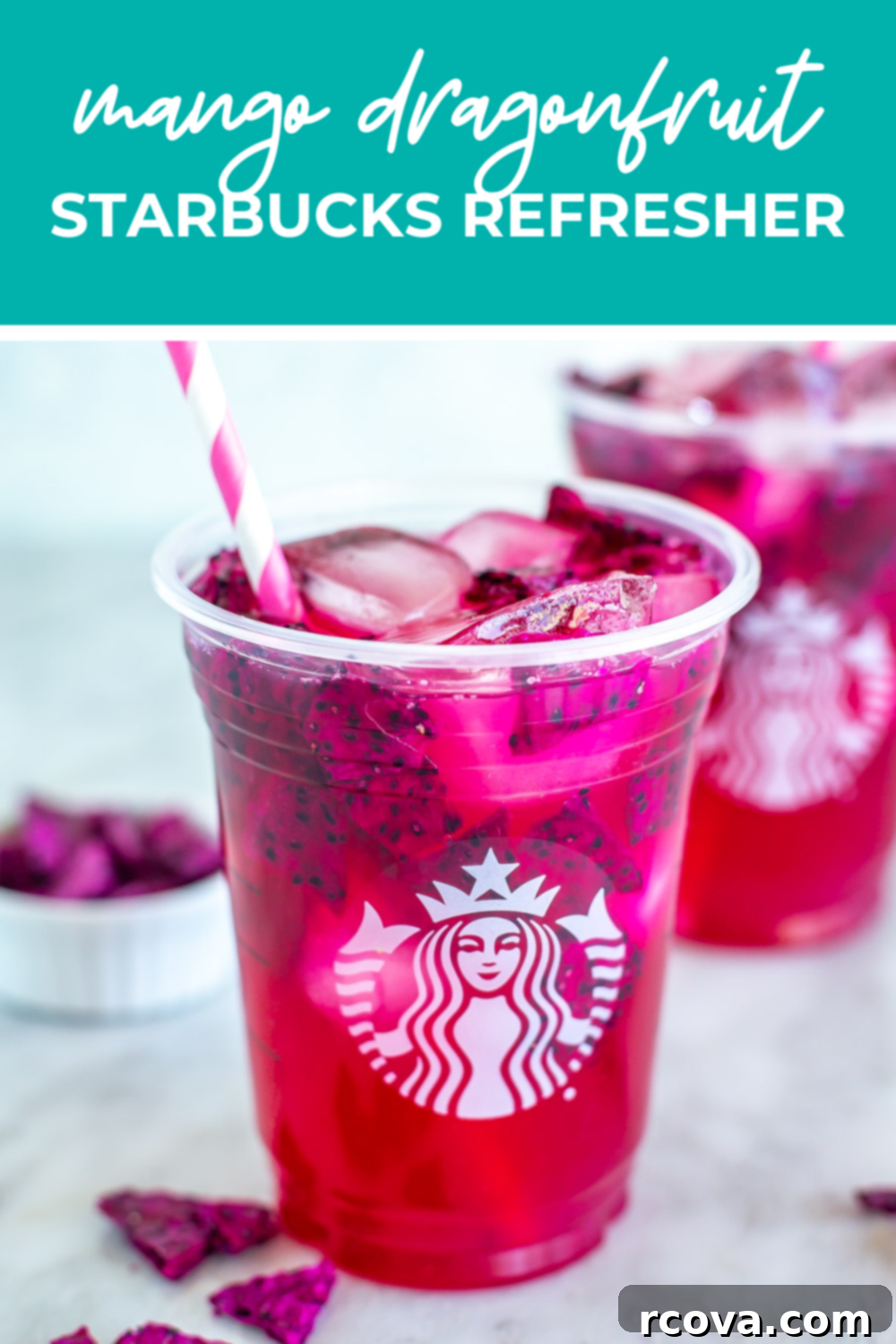 Vibrant Mango Dragonfruit Refresher 12 overhead shot of plated dish with green banner on the top - reading "mango dragonfruit starbucks refresher"