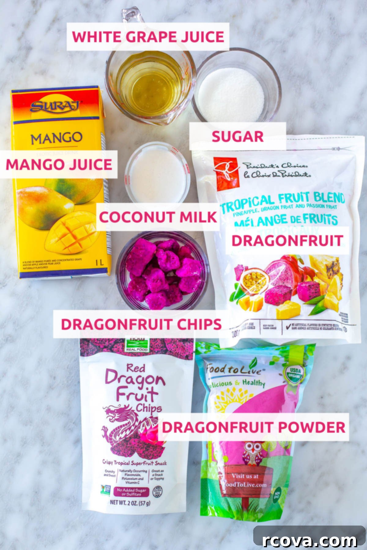 Vibrant Mango Dragonfruit Refresher 4 Ingredients for Starbucks mango dragonfruit refresher: dragonfruit pieces, dragonfruit powder, dragonfruit, sugar, mango juice, white grape juice and coconut milk.