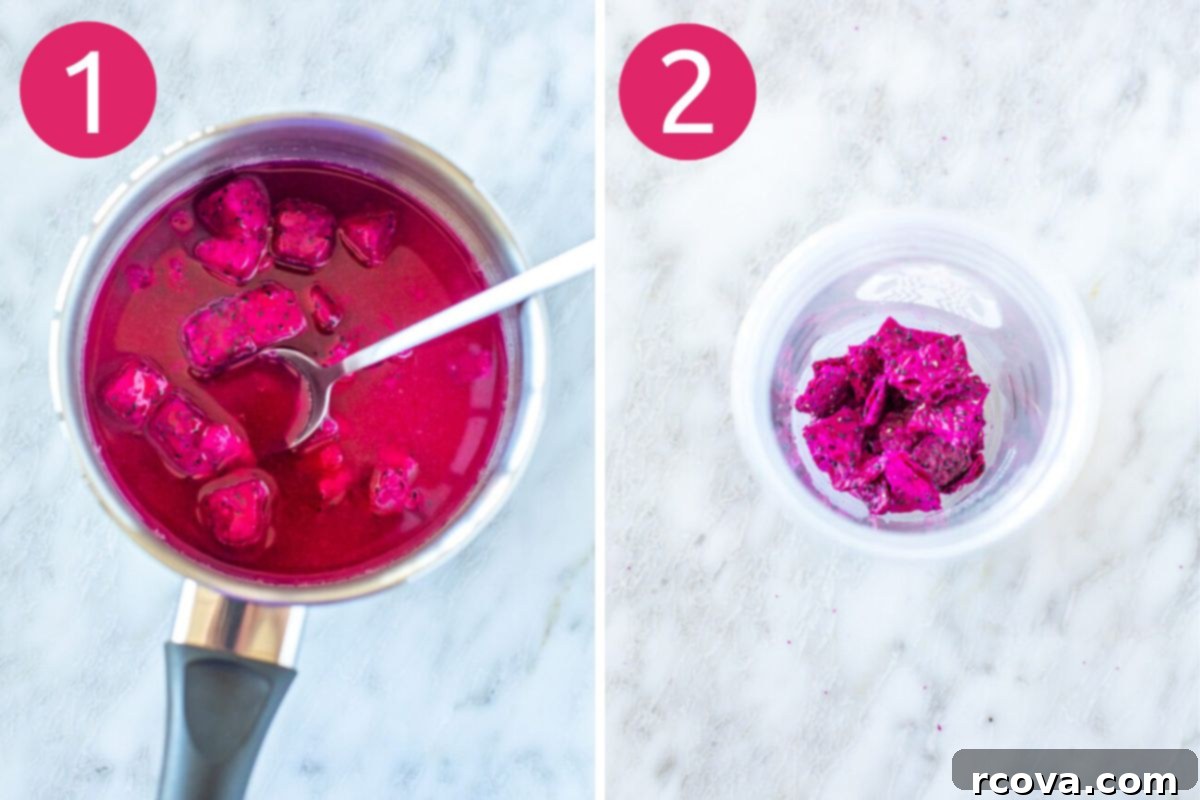 Vibrant Mango Dragonfruit Refresher 5 Steps 1 and 2 for making a Starbucks mango dragonfruit refresher: preparing the syrup and prepping the glass.