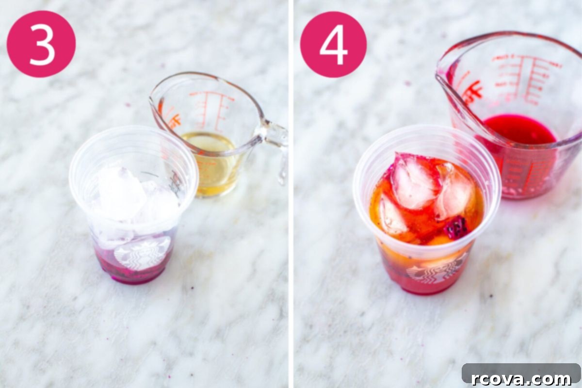 Vibrant Mango Dragonfruit Refresher 6 Steps 3 and 4 for making a Starbucks mango dragonfruit refresher: adding the syrup and adding the juice.